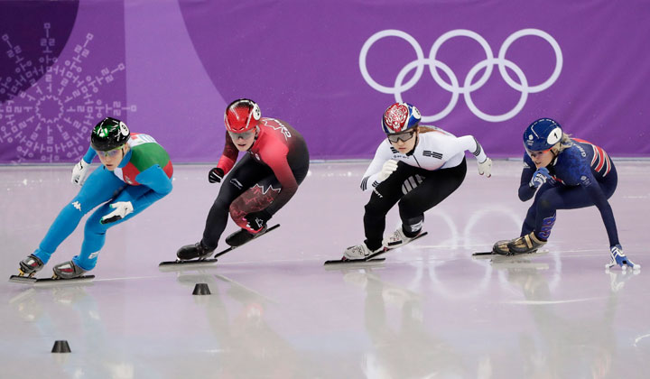 From left, Arianna Fontana of Italy leads Kim Boutin of Canada, Choi Minjeong of South Korea and Elise Christie of Britain during the ladies’ 500 meters short track speedskating final in the Gangneung Ice Arena at the 2018 Winter Olympics in Gangneung, South Korea, Tuesday, Feb. 13, 2018.