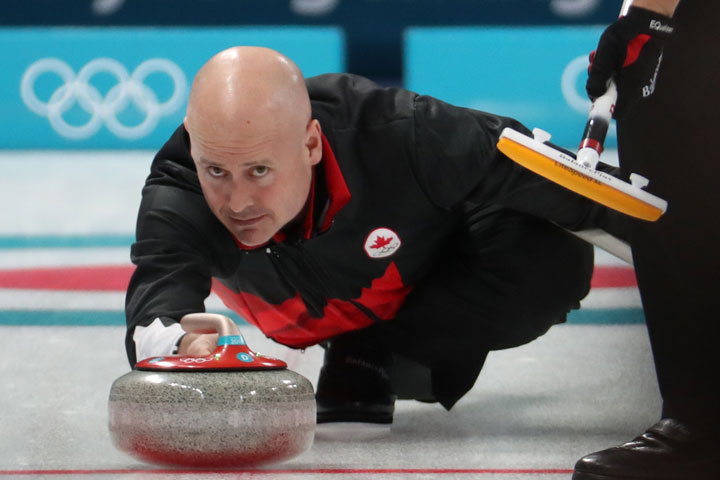 Kevin Koe of Canada in action during Men's Round Robin Session Canada against South Korea inside the Gangneung Curling Centre at the PyeongChang Winter Olympic Games 2018, in Gangneung, South Korea, 16 February 2018.