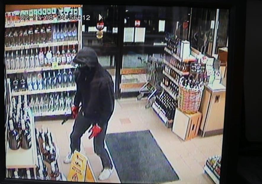 Security footage shows one of two suspects involved in theft of alcohol from the Stirling, ON, LCBO.