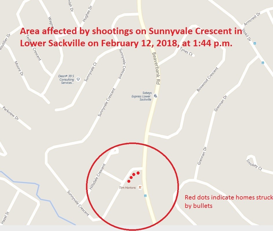RCMP released this map showing the homes that were struck by stray bullets.