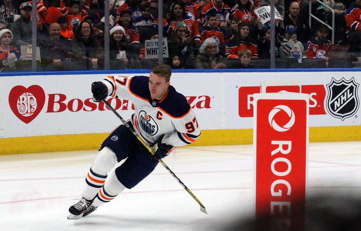 Connor McDavid wins the fastest skater at the Edmonton Oilers skills competition on February 3, 2018 at Rogers Place.