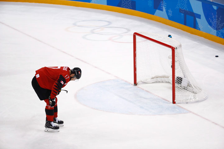 Rene Bourque (17), of Canada, reacts after the semifinal round of the men’s hockey game against Germany at the 2018 Winter Olympics in Gangneung, South Korea, Friday, Feb. 23, 2018. Germany won 4-3.
