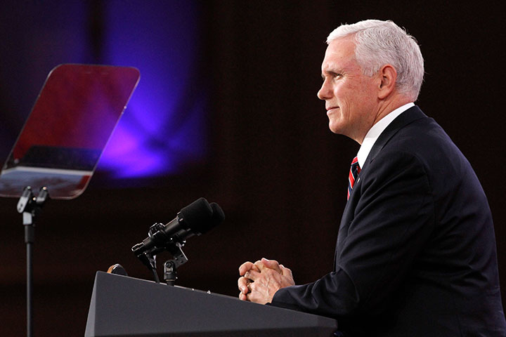 Vice President Mike Pence pauses as he speaks at the Conservative Political Action Conference at National Harbor, Md., Feb. 22, 2018.  