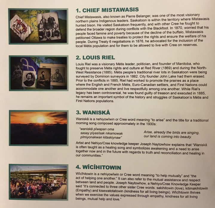 The four shortlisted North Commuter Parkway Bridge name options include: Chief Mistawasis, Louis Riel, Waniskâ and Wîcîhitowin.