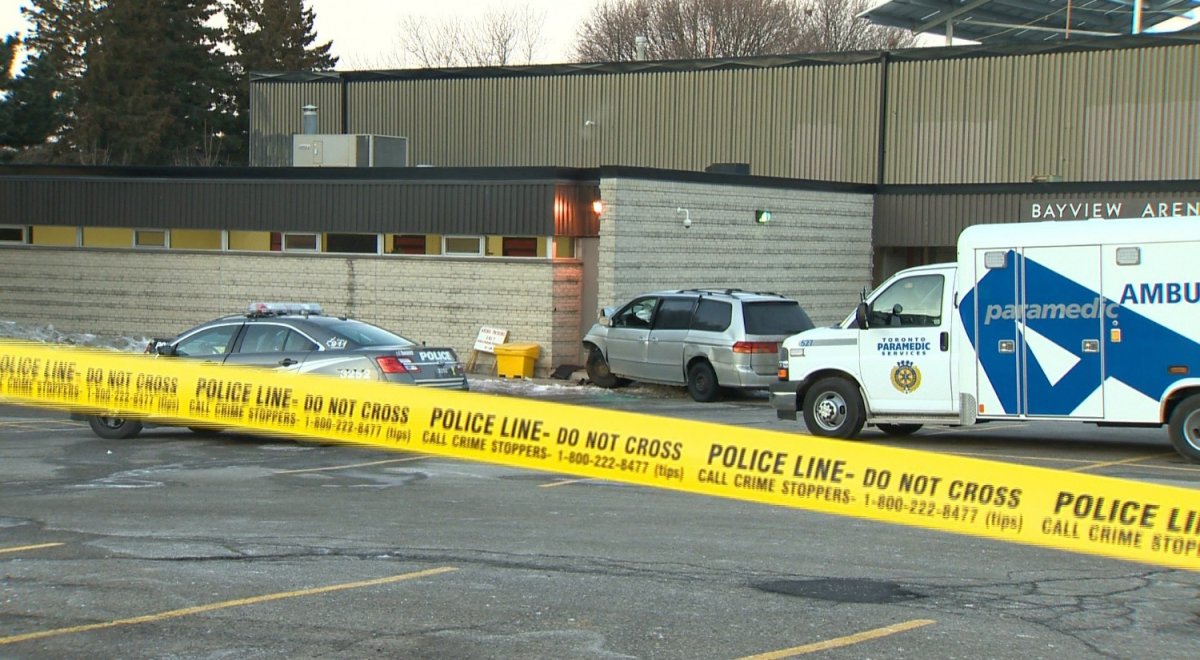 Toronto police investigate after a minivan careens into the side of the Bayview Arena.
