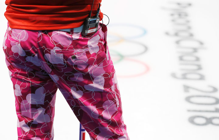 Member of Team Norway sporting heart-covered pants on Feb. 14.