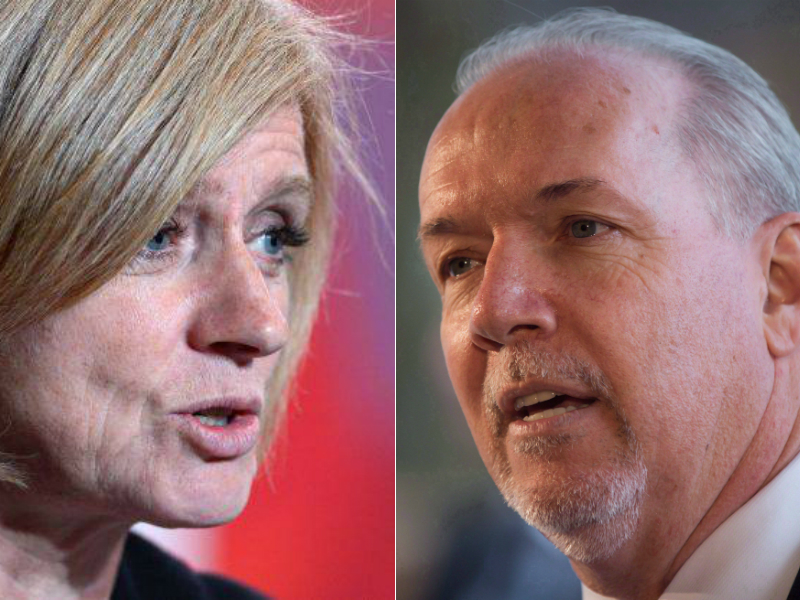 Alberta Premier Rachel Notley, left, and B.C. Premier John Horgan, right.