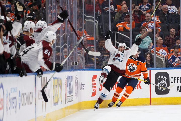 Colorado Avalanche's Blake Comeau (14) celebrates a goal against the Edmonton Oilers during second period NHL action in Edmonton on Thursday, Feb. 1, 2018. 