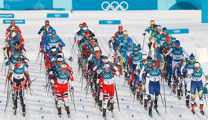 Athletes compete in the women’s 7.5km + 7.5km skiathlon at the Alpensia Cross-Country Skiing Centre in Pyeongchang, South Korea on Feb. 10, 2018.