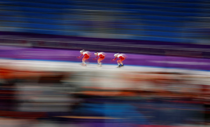 Members of the Poland speedskating squad are seen during training at the Gangneung Oval in South Korea, Feb. 10, 2018. 