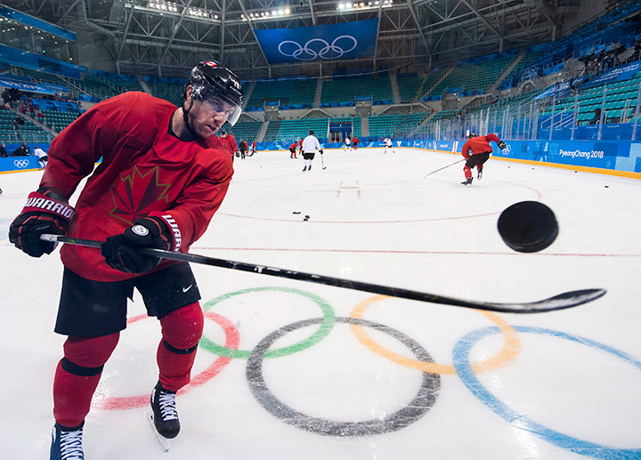 Team Canada forward Derek Roy flips the puck at practice during the Olympic Winter Games in Gangneung, South Korea on February 10, 2018.