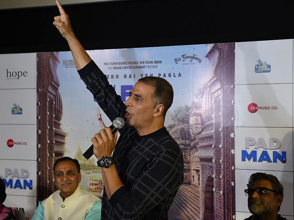 Indian actor Akshay Kumar addresses the media during the promotion of 'Pad Man' in Ahmedabad on February 5, 2018.