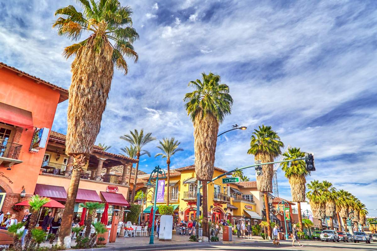 Palm trees line the city streets of the city of Palm Springs,California,USA.