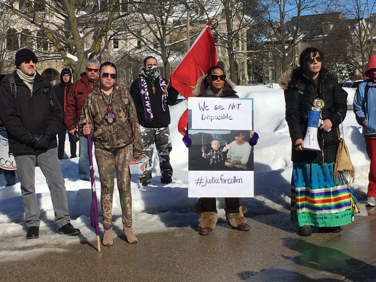 More than 100 people gathered at Victoria Park to show support for Boushie's family, and express frustration with Canada's justice system.