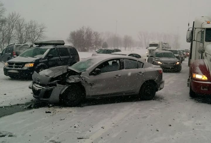 About 50 vehicles were involved in a pile-up near Mont-Saint-Hilaire, Weds., Feb. 7, 2018.