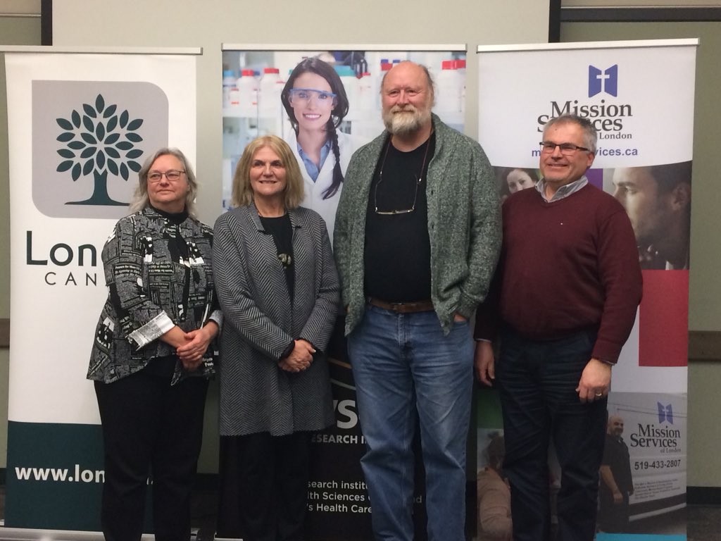 From left to right, Jan Richardson, manager of homeless prevention for the City of London, Cheryl Forchuk, assistant scientific director at Lawson Health Research Institute, Gordon Russell, director of shelters at Mission Services of London, Peter Rozeluk, executive director at Mission Services of London. 