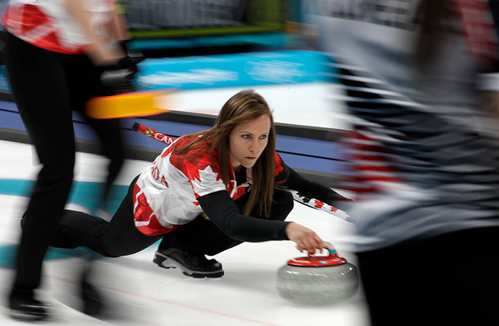 Canada’s skip Rachel Homan prepares to throw the stone during their women’s curling match against South Korea on Feb. 15, 2018.