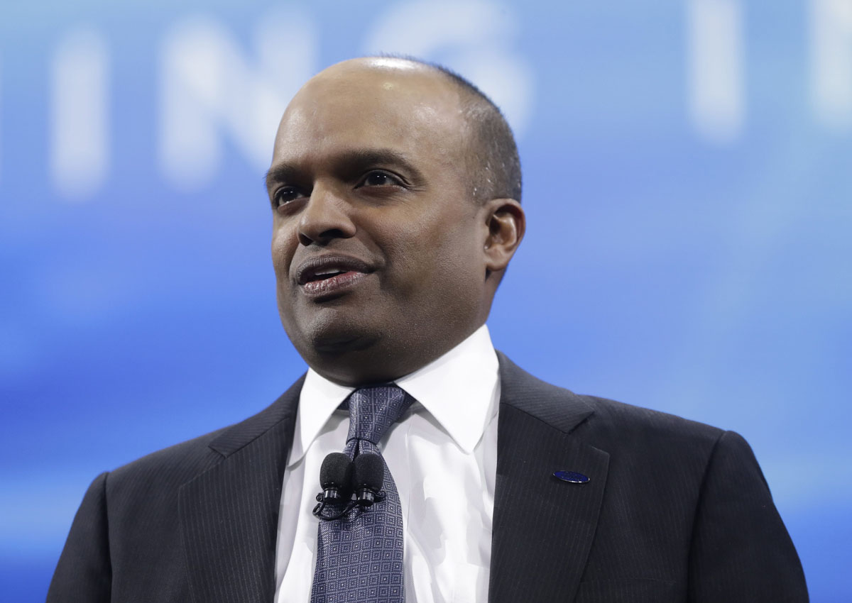 In this Jan. 9, 2017, file photo, Ford Executive Vice President Raj Nair addresses the North American International Auto show in Detroit.