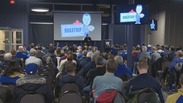 CFL commissioner Randy Ambrosie speaks with fans at Monday's town hall type event at Investors Group Field.