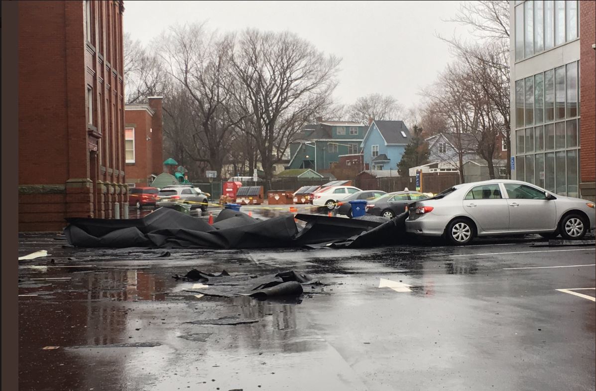 A portion of a roof blew off the Maritime Conservatory on Monday morning.