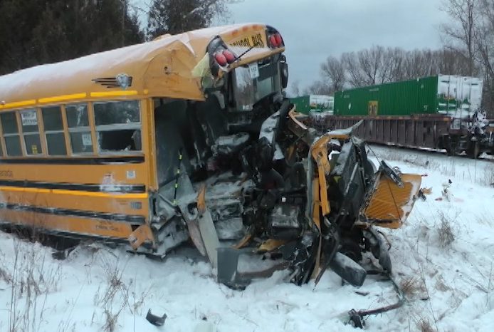 A school bus collided with a train in Colborne, Ont., on Feb. 13, 2017.