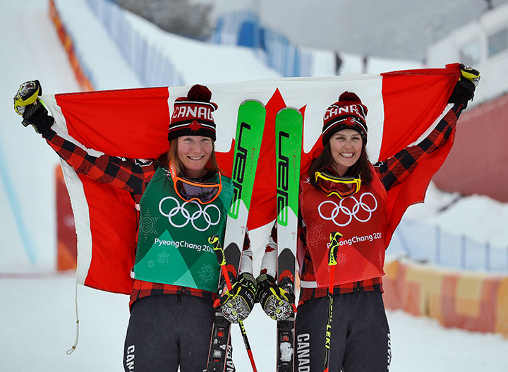 Canada’s gold medallist Kelsey Serwa and silver medallist Brittany Phelan celebrate after the women’s ski cross final at the Phoenix Snow Park, in Pyeongchang, South Korea on Feb. 23, 2018. 