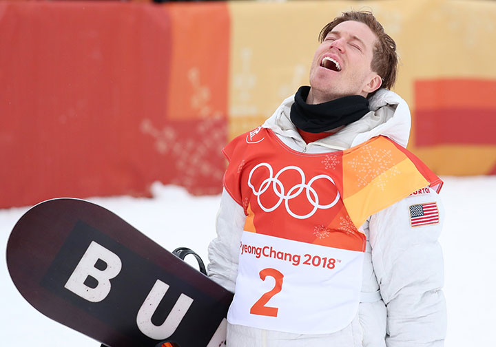 Shaun White, of the U.S., celebrates after winning gold in the men’s halfpipe competition at the Phoenix Snow Park in Pyeongchang, South Korea on Feb. 14, 2018. 