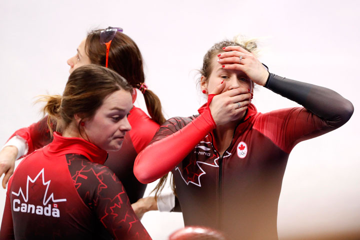 Marianne St Gelais of Canada reacts.