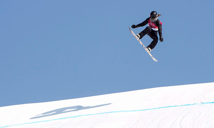 Canada’s Spencer O’Brien takes to the air for her third jump during the women’s big air competition at the Pyeongchang Winter Olympic Games on Feb. 22, 2018 in Pyeongchang.