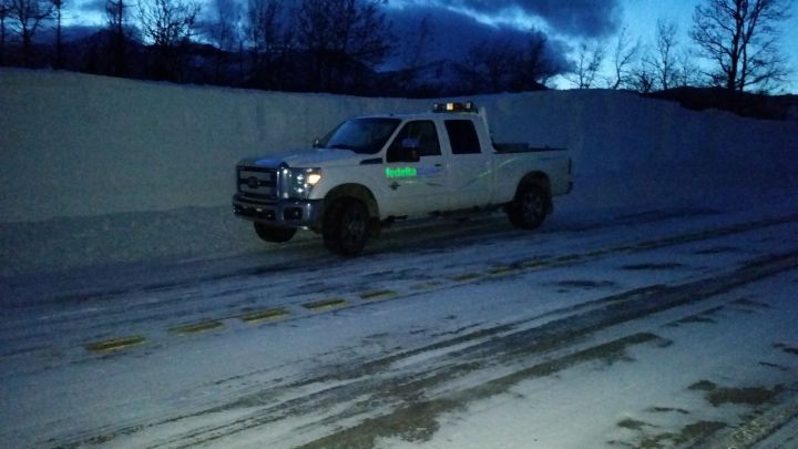 Snow drifts along Highway 6 near Waterton, on Feb. 24, 2018.