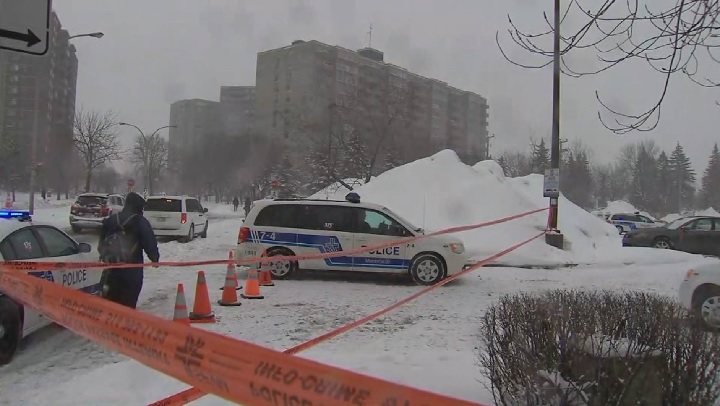 Montreal police are at the scene of a collision involving two pedestrians and a vehicle. Sunday, Feb. 4, 2018.