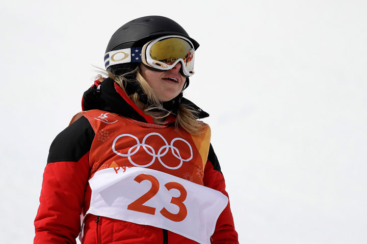 Elizabeth Marian Swaney, of Hungary, finishes her run during the women’s halfpipe qualifying at Phoenix Snow Park at the 2018 Winter Olympics in Pyeongchang, South Korea, Monday, Feb. 19, 2018.