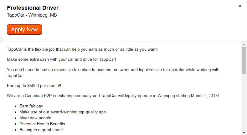 Ridesharing company TappCar has started to advertise jobs in Winnipeg as it expands to Manitoba.