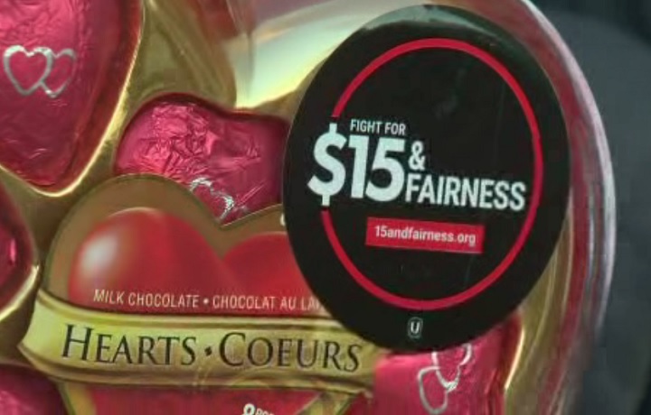 Chocolates were handed out to Tim Hortons employees in Toronto on Feb. 13, 2018.