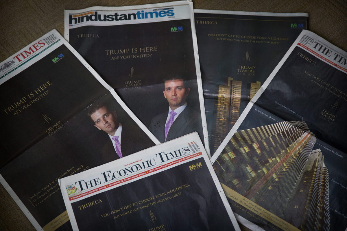 The eldest son of US President Donald Trump, Donald Trump Jr's Trump Towers ads are seen in major newspapers in New Delhi, India, Tuesday, Feb. 20, 2018. 