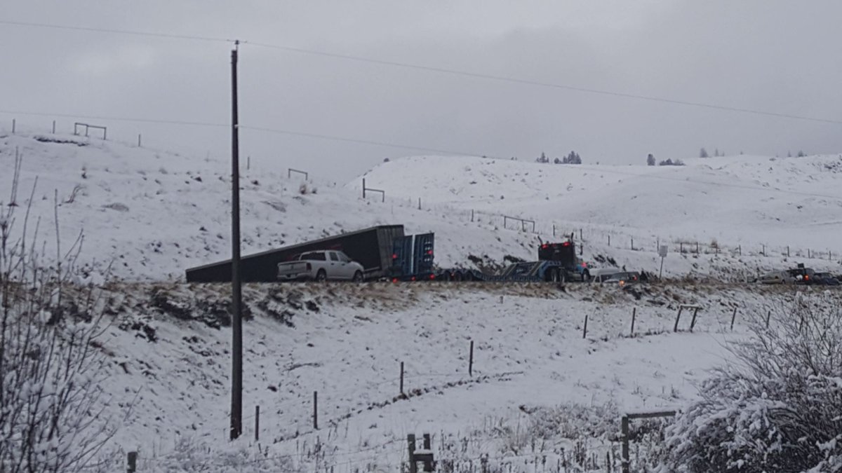 A crashed transport truck closed Highway 97 south of Vernon Friday morning. 