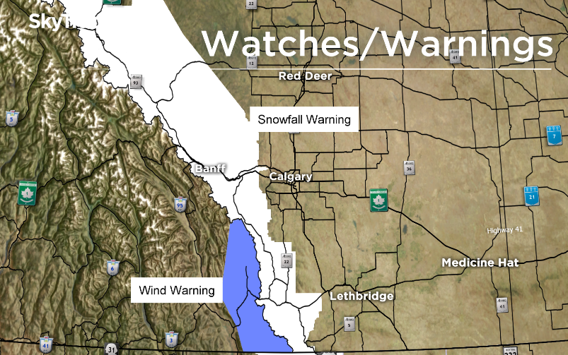 A snowfall warning continues in the Rocky Mountains on Feb. 3, 2018. Heavy snow is expected west of Calgary. Accumulations of up to 40 cm are possible along the Icefields Parkway.