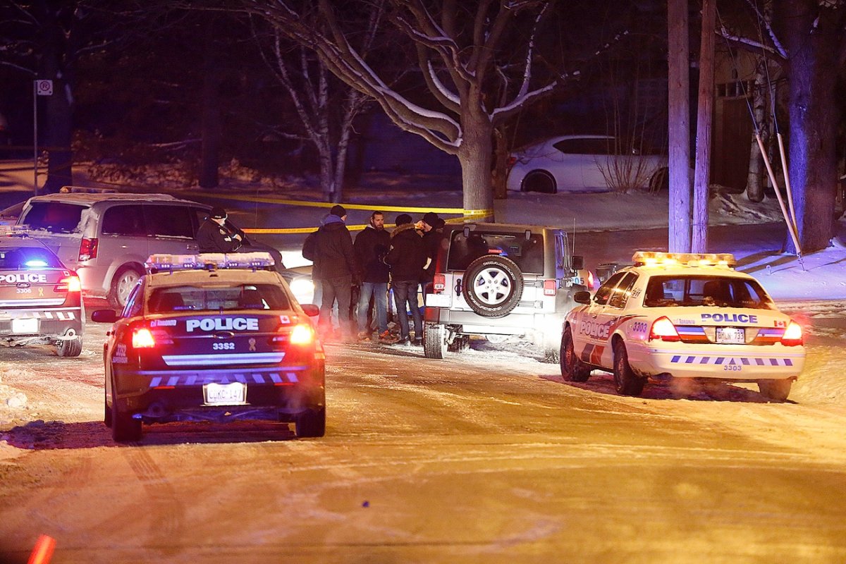 Toronto police investigate the scene of a shooting at Burbank Drive and Canary Crescent on Feb. 8, 2018.
