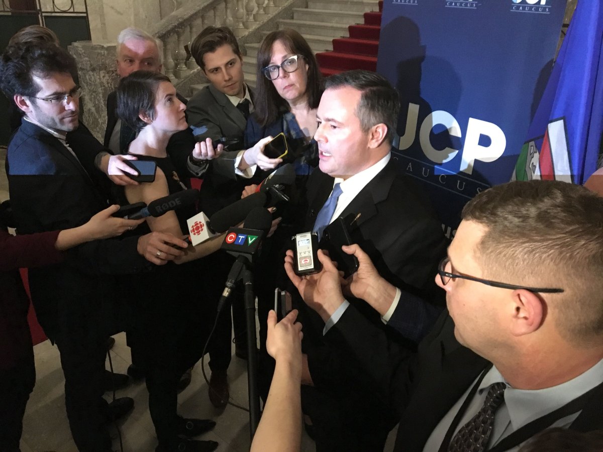 UCP leader Jason Kenney speaks to reporters after the speech from the throne on March 8, 2018.