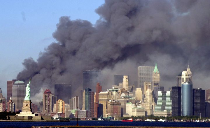 Thick smoke billows into the New York sky on Sept. 11, 2001.