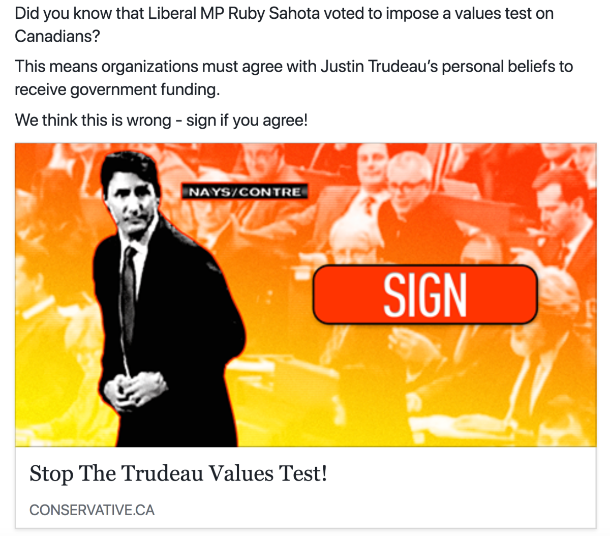This is one of the 240 different ads placed on Facebook by the Conservative Party of Canada during the morning of March 22, 2018. This ad attacks Liberal MP Ruby Sahota (Brampton North), one of 16 Liberal MPs singled out by name in the current set of Conservative Facebook ads.