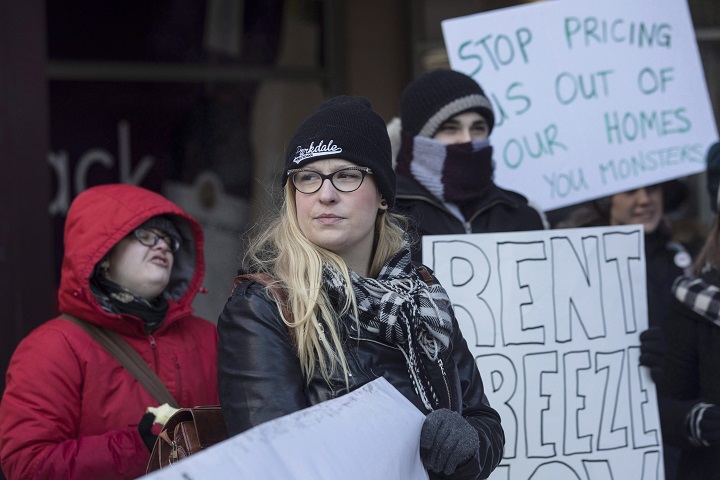 Rent strikers from a rental building at 1251 King Street West and fellow protesters gather outside Social Justices Tribunal Ontario, in Toronto on Friday, February 2, 2018. The group from Toronto's Parkdale neighbourhood are refusing to pay rent because their landlord has applied to the Landlord and Tenant Board for permission to increase rent by more than rent control allows, to recoup costs of renovations. 