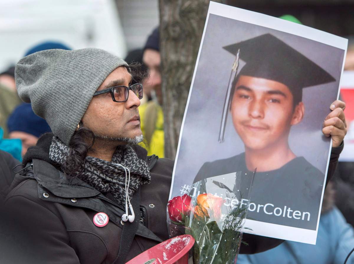 People take part in a vigil in support of Colten Boushie’s family, following the acquittal of Saskatchewan farmer Gerald Stanley on charges in connection with Boushie’s death, Tuesday, February 13, 2018 in Montreal.