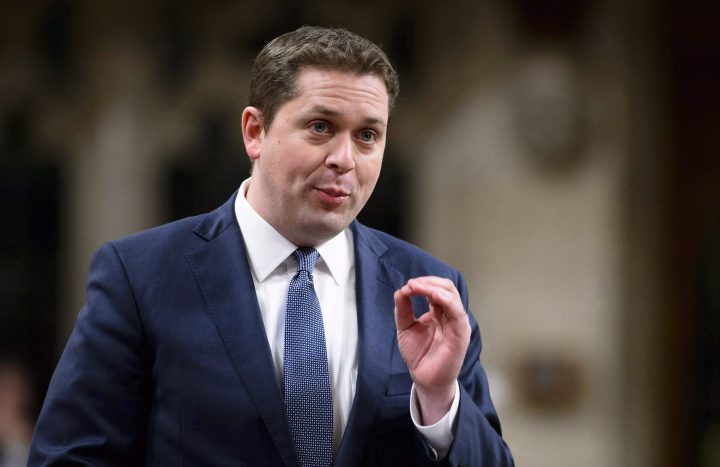 FILE -- Conservative Leader Andrew Scheer stands during question period.