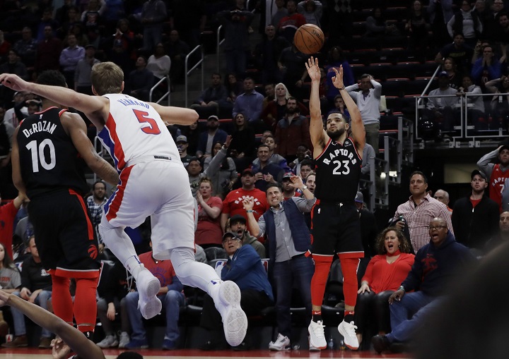 Toronto Raptors guard Fred VanVleet shoots the game-winning basket in overtime during the team's NBA basketball game against the Detroit Pistons, Wednesday, March 7, 2018, in Detroit.