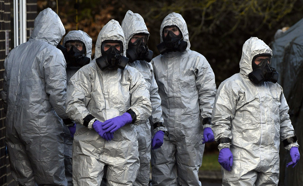 The armed forces in protective suits at a Salisbury ambulance station on March 10.