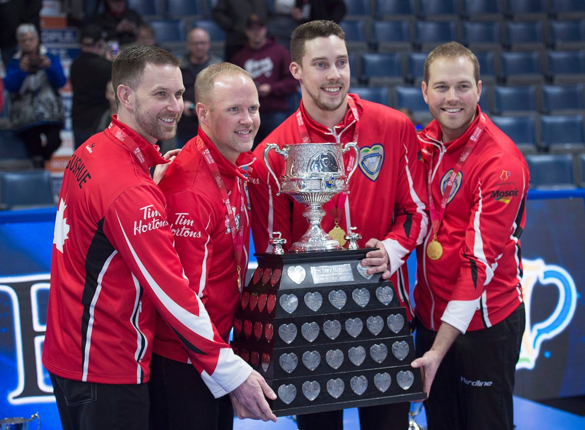 Team Canada skip Brad Gushue, third Mark Nichols, second Brett Gallant and lead Geoff Walker, left to right, pose with the Brier Tankard after defeating Alberta 6-4 to win the Tim Hortons Brier at the Brandt Centre in Regina on Sunday, March 11, 2018.