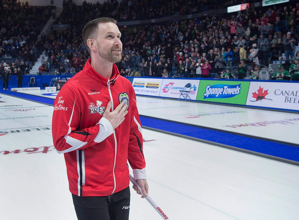 Team Canada skip Brad Gushue heads down the sheet after his last shot to defeat Alberta 6-4 to win the Tim Hortons Brier at the Brandt Centre in Regina on Sunday, March 11, 2018.