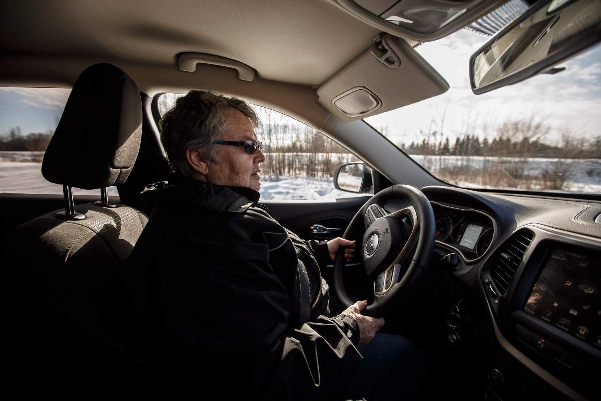 Alberta Citizens On Patrol Association president Bev Salomons patrols a rural area in Ardrossan, Alta., on Tuesday, March 6, 2018. The group have noticed an uptick in crime and have boosted their security measures in response, but are against the idea that property owners have the right to shoot at an intruder.