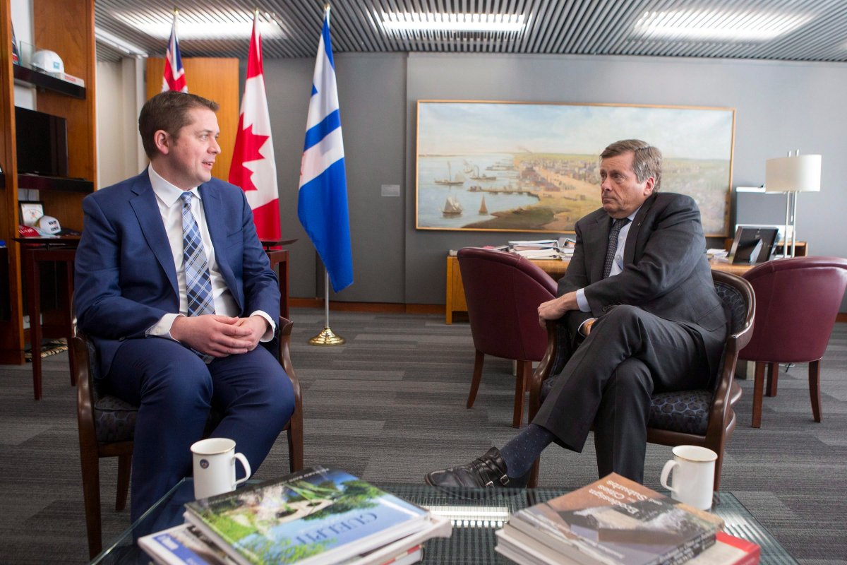 Federal Conservative Leader Andrew Scheer (left) meets with Toronto Mayor John Tory in his City Hall office on Friday March 23, 2018. 